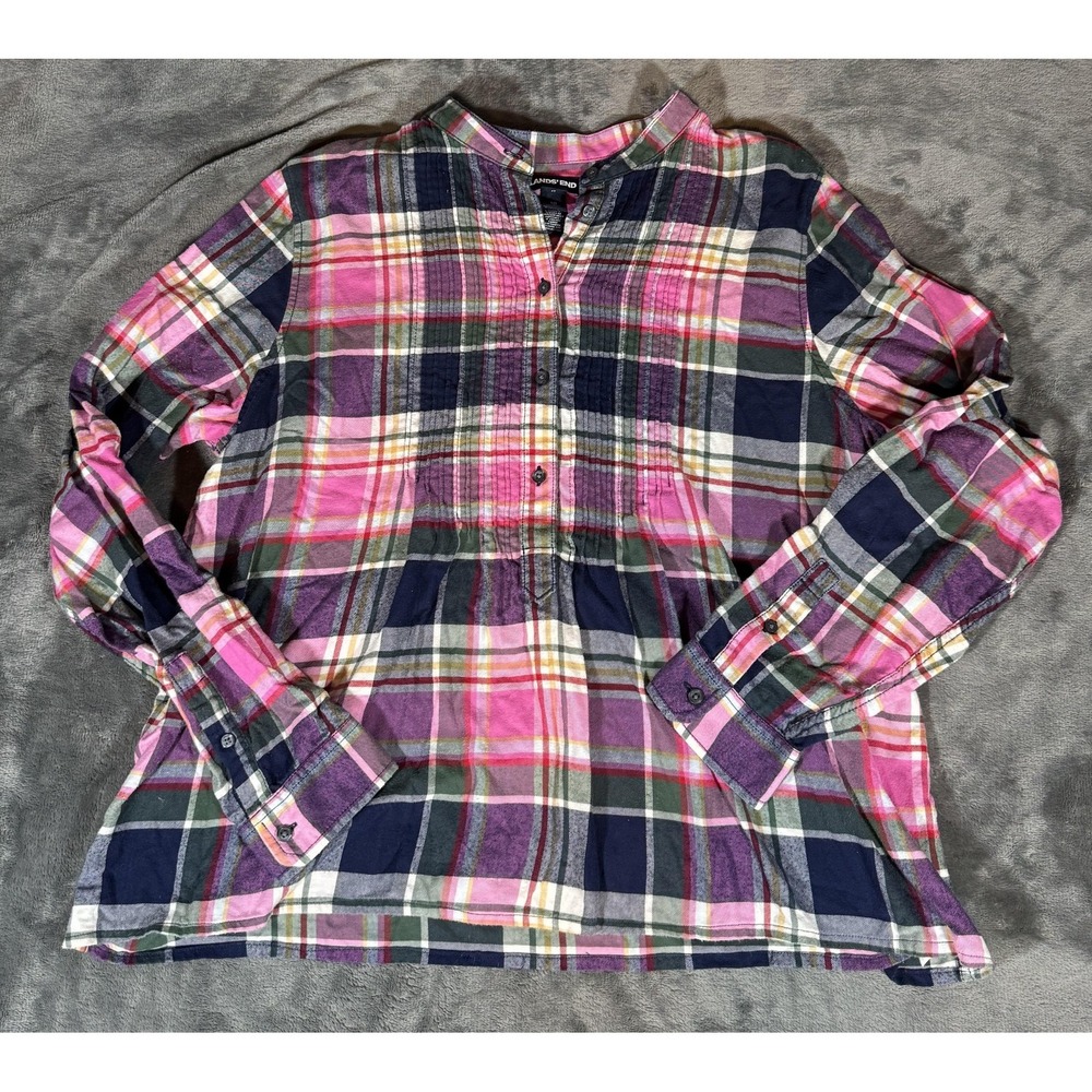 Lands' End Shirt Womens 18 Multicolor Plaid Flannel Long Sleeve Henley Top